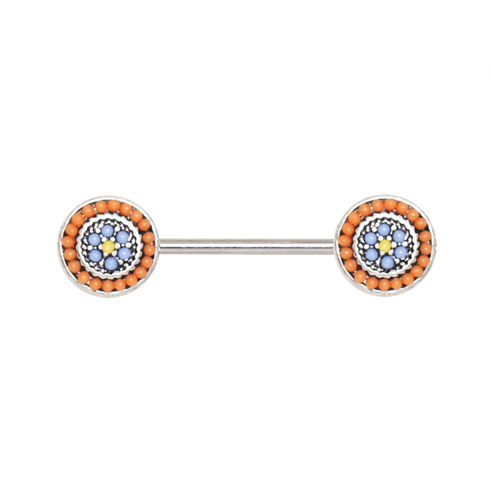 Nipple ring with orange beads and blue gemstones on a white background