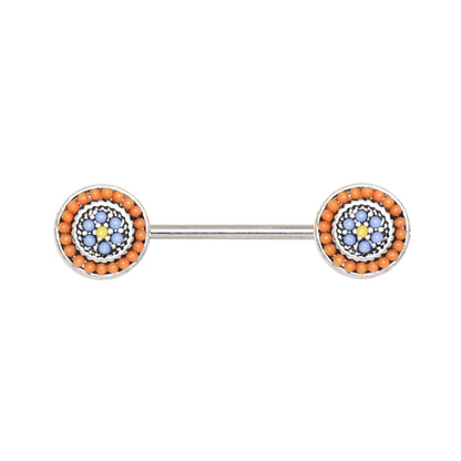 Nipple ring with orange beads and blue gemstones on a white background