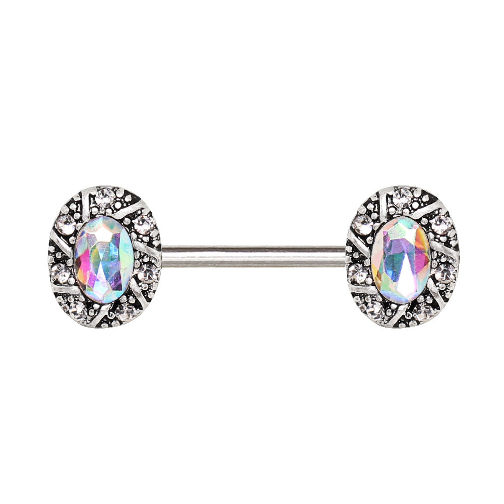 Jeweled Oval Charm Nipple Bar 14G Aurora Borealis CZ Pair
