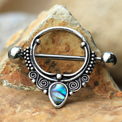 Stainless Steel Ornate Nipple Shield with Tear Drop Abalone Nipple Ring Impulse Piercings