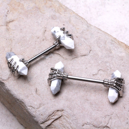 316L Stainless Steel Triple Claw Nipple Bar with Howlite Stones Nipple Ring Skin Metals