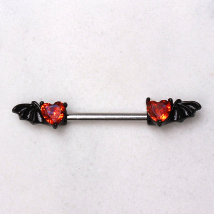 Black PVD Plated Red Heart Bat Wing Nipple Bar Nipple Ring Skin Metals