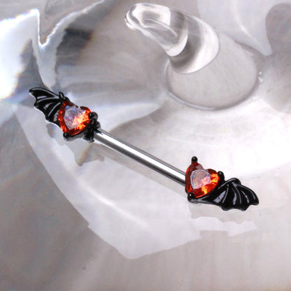 Black PVD Plated Red Heart Bat Wing Nipple Bar Nipple Ring Skin Metals