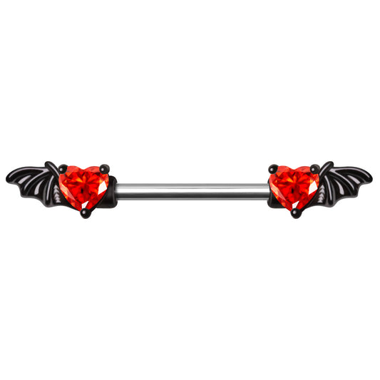 Black PVD Plated Red Heart Bat Wing Nipple Bar Nipple Ring Skin Metals