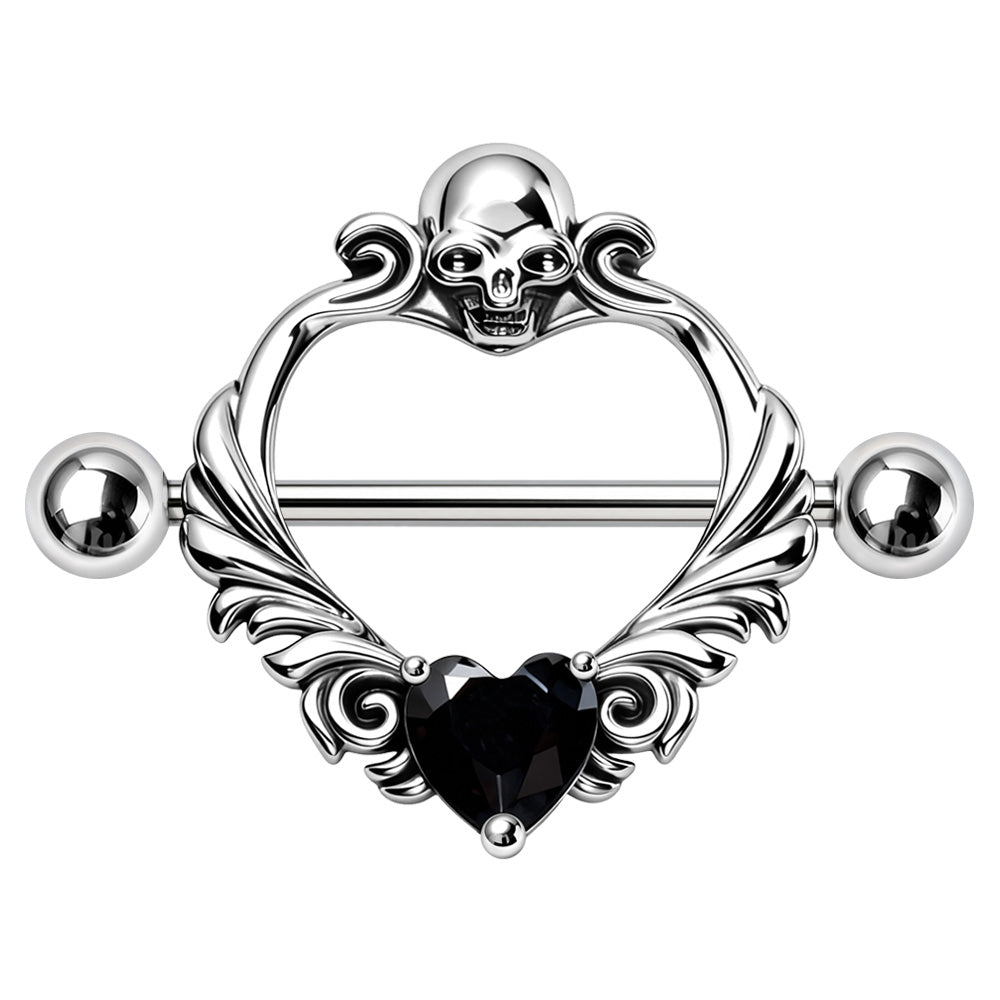 Skull Heart Nipple Shield 14G Black CZ Pair