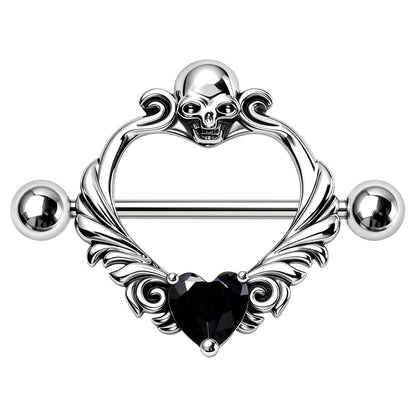 Skull Heart Nipple Shield 14G Black CZ Pair