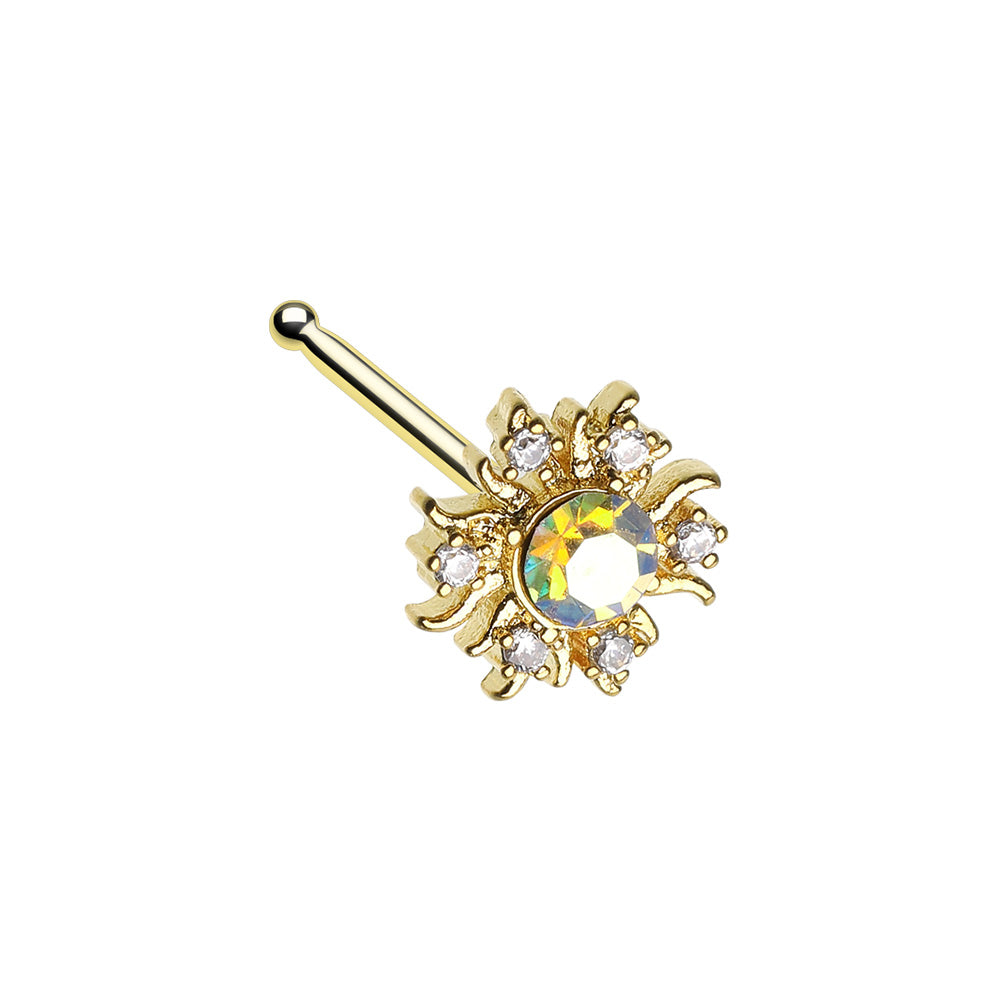 Golden CZ Iridescent Celestial Bursting Sun Nose Stud Ring Nose Ring Skin Metals