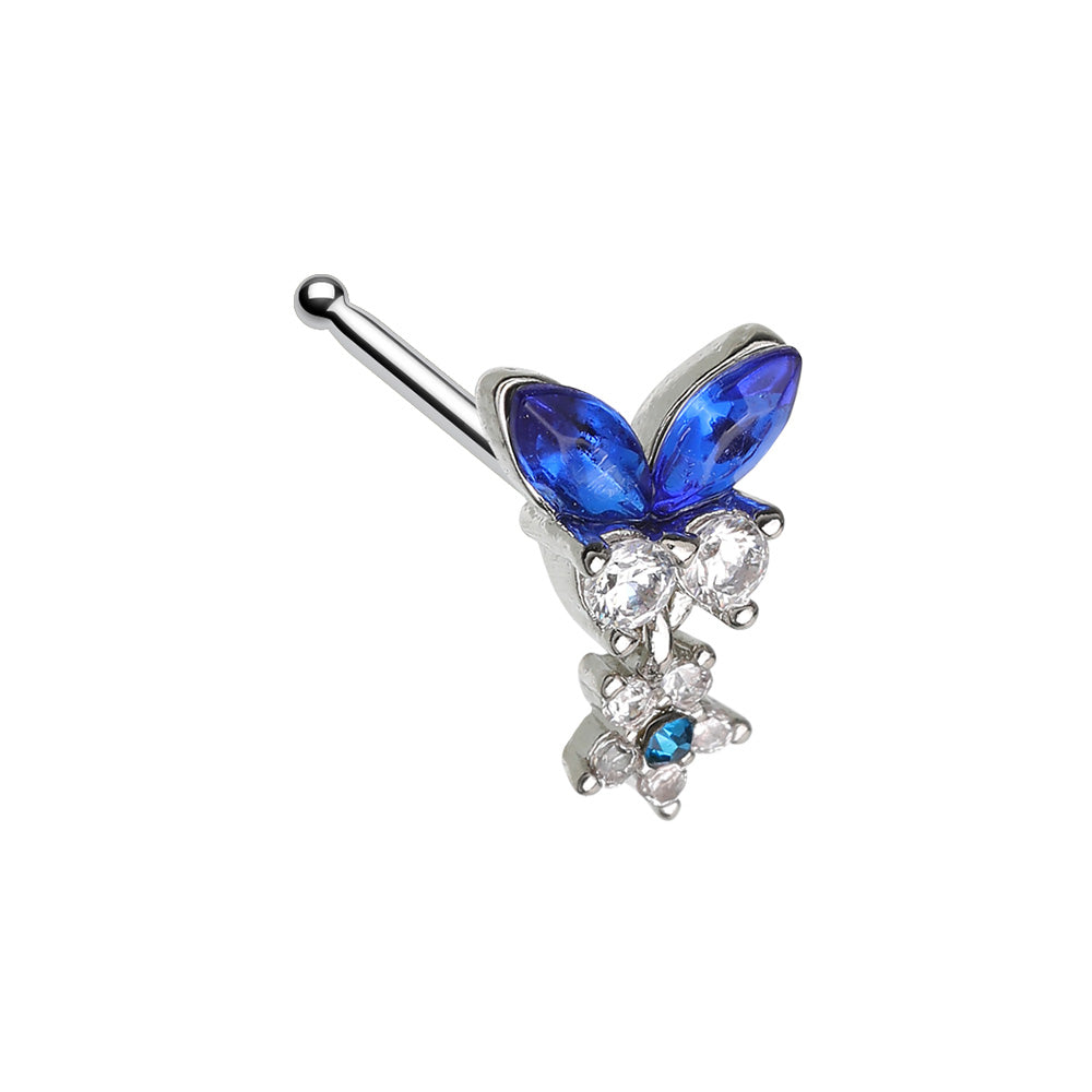 Blue Sapphire Butterfly Flower Dangle Gem Nose Stud Ring Nose Ring Skin Metals