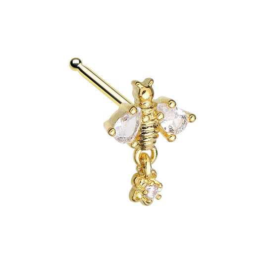 Golden Bumble Queen Bee Flower Dangle Gem Nose Stud Ring Nose Ring Skin Metals