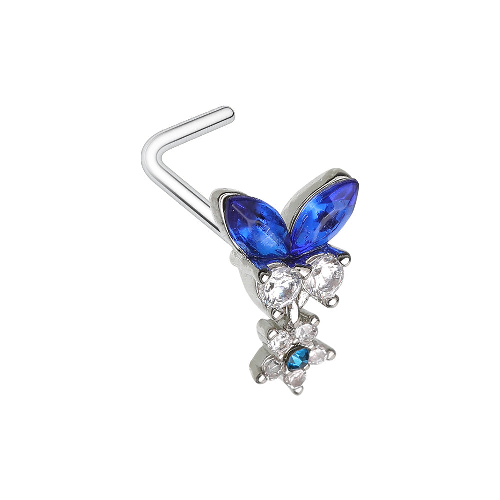 Blue Sapphire Butterfly Flower Dangle Gem L-Shape Nose Ring Nose Ring Skin Metals