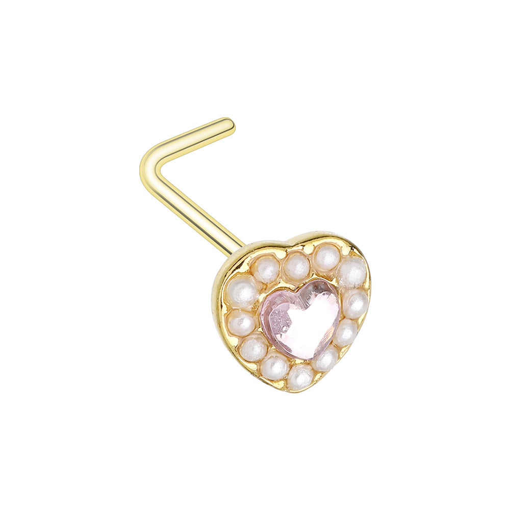 Golden Sweet Pearl Heart Gem L-Shape Nose Ring Skin Metals