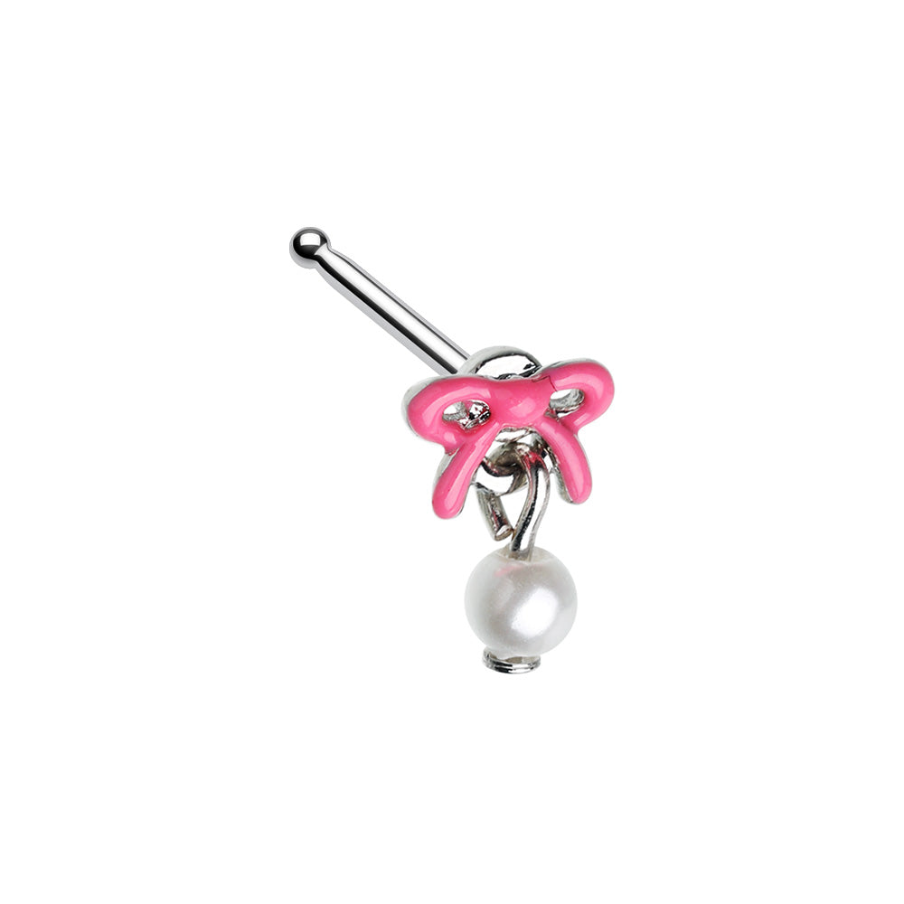 Pink Enamel Pearl Drop Bow Ribbon Nose Stud Ring Nose Ring Skin Metals