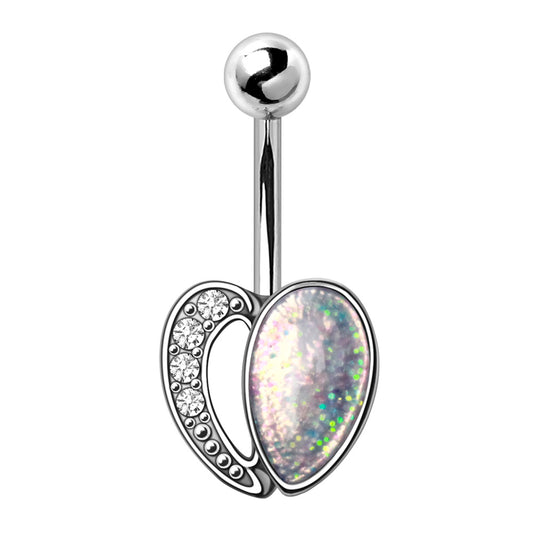 316L Stainless Steel White Synthetic Opal Heart Navel Ring