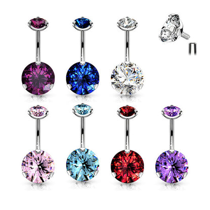 Prong Set Round CZ & Internally Threaded Prong Set CZ Top 316L Surgical Steel Navel Ring Belly Button Ring Skin Metals