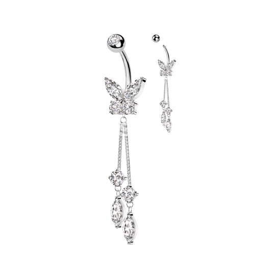 316L Surgical Steel CZ Butterfly With Double Round and Marquise Prong Set CZ Dangle Belly Button Ring Skin Metals