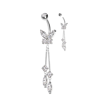 316L Surgical Steel CZ Butterfly With Double Round and Marquise Prong Set CZ Dangle Belly Button Ring Skin Metals