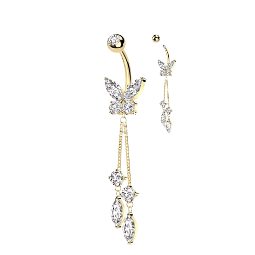 316L Surgical Steel CZ Butterfly With Double Round and Marquise Prong Set CZ Dangle Belly Button Ring Skin Metals