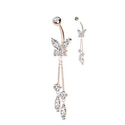316L Surgical Steel CZ Butterfly With Double Round and Marquise Prong Set CZ Dangle Belly Button Ring Skin Metals