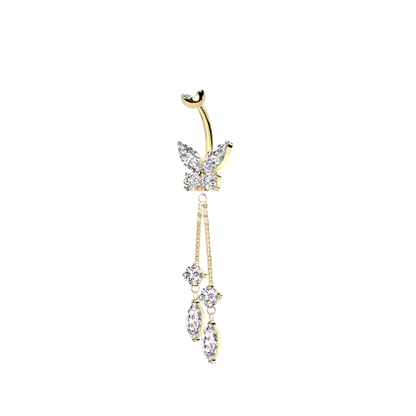 316L Surgical Steel CZ Butterfly With Double Round and Marquise Prong Set CZ Dangle Belly Button Ring Skin Metals