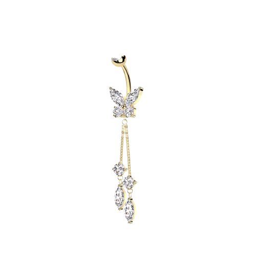 316L Surgical Steel CZ Butterfly With Double Round and Marquise Prong Set CZ Dangle Belly Button Ring Skin Metals