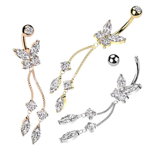 316L Surgical Steel CZ Butterfly With Double Round and Marquise Prong Set CZ Dangle Belly Button Ring Skin Metals