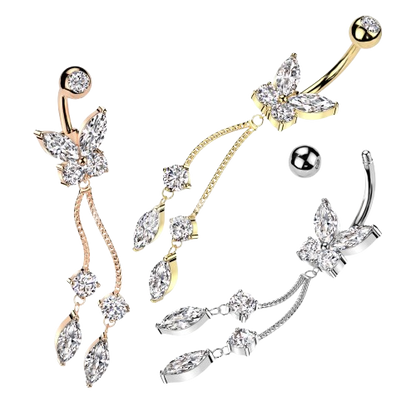 316L Surgical Steel CZ Butterfly With Double Round and Marquise Prong Set CZ Dangle Belly Button Ring Skin Metals