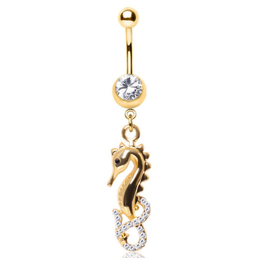 Gold Plated Gemmed Sea Horse Dangle Navel Ring Navel Ring Impulse Piercings