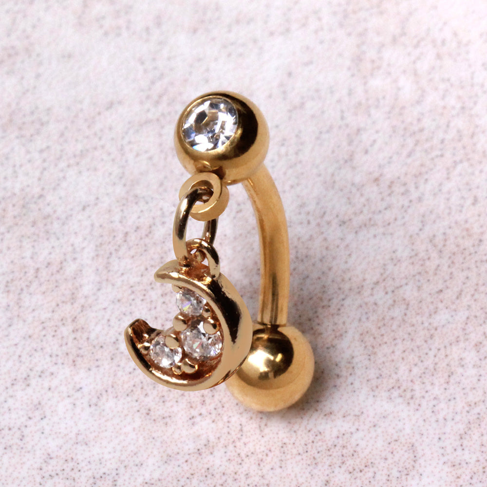 Gold PVD Coated Crescent Moon Dangle Top Down Navel Ring Navel Ring Skin Metals