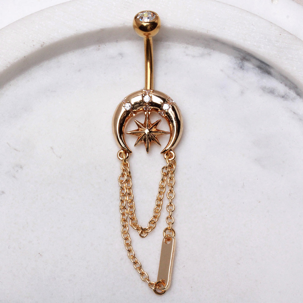 Gold Plated Chained Star and Moon Navel Ring Navel Ring Skin Metals