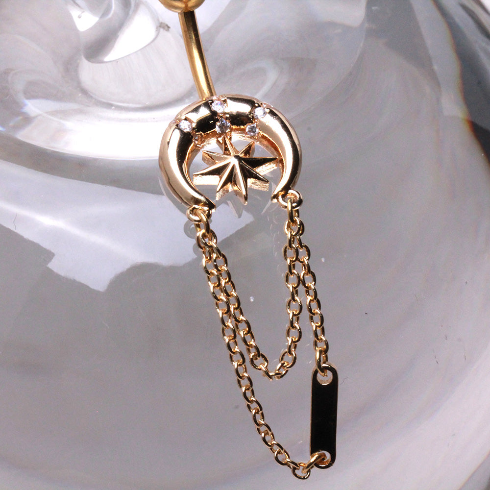 Gold Plated Chained Star and Moon Navel Ring Navel Ring Skin Metals
