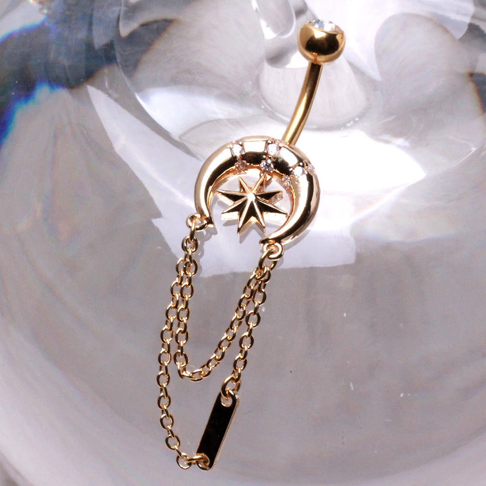 Gold Plated Chained Star and Moon Navel Ring Navel Ring Skin Metals