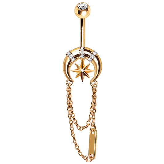 Gold Plated Chained Star and Moon Navel Ring Navel Ring Skin Metals