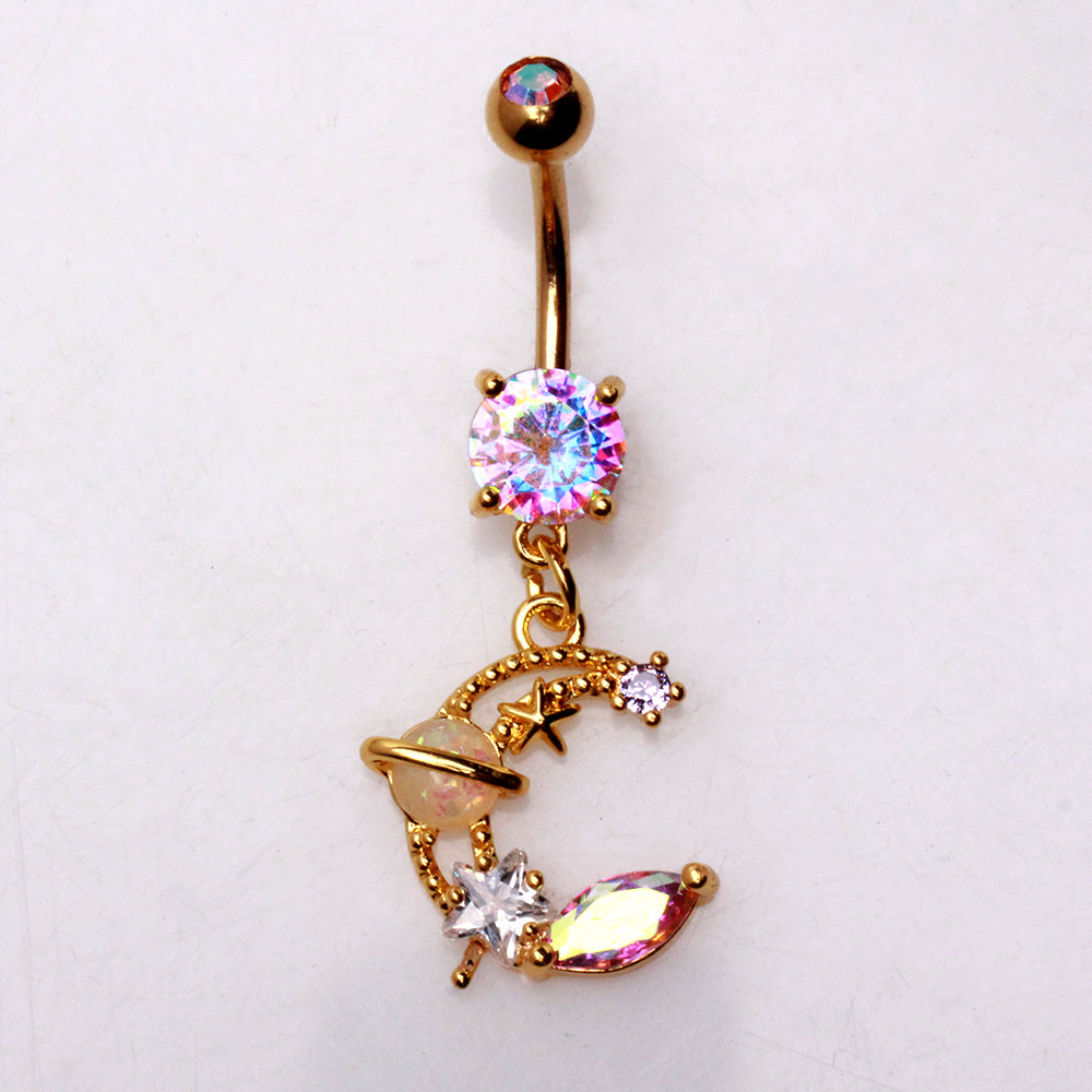 Gold Plated Galaxy Moon and Star Dangle Navel Ring Navel Ring Skin Metals