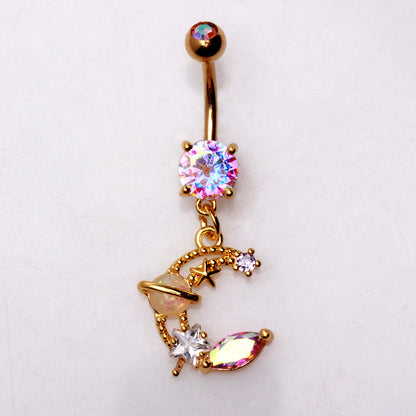 Gold Plated Galaxy Moon and Star Dangle Navel Ring Navel Ring Skin Metals