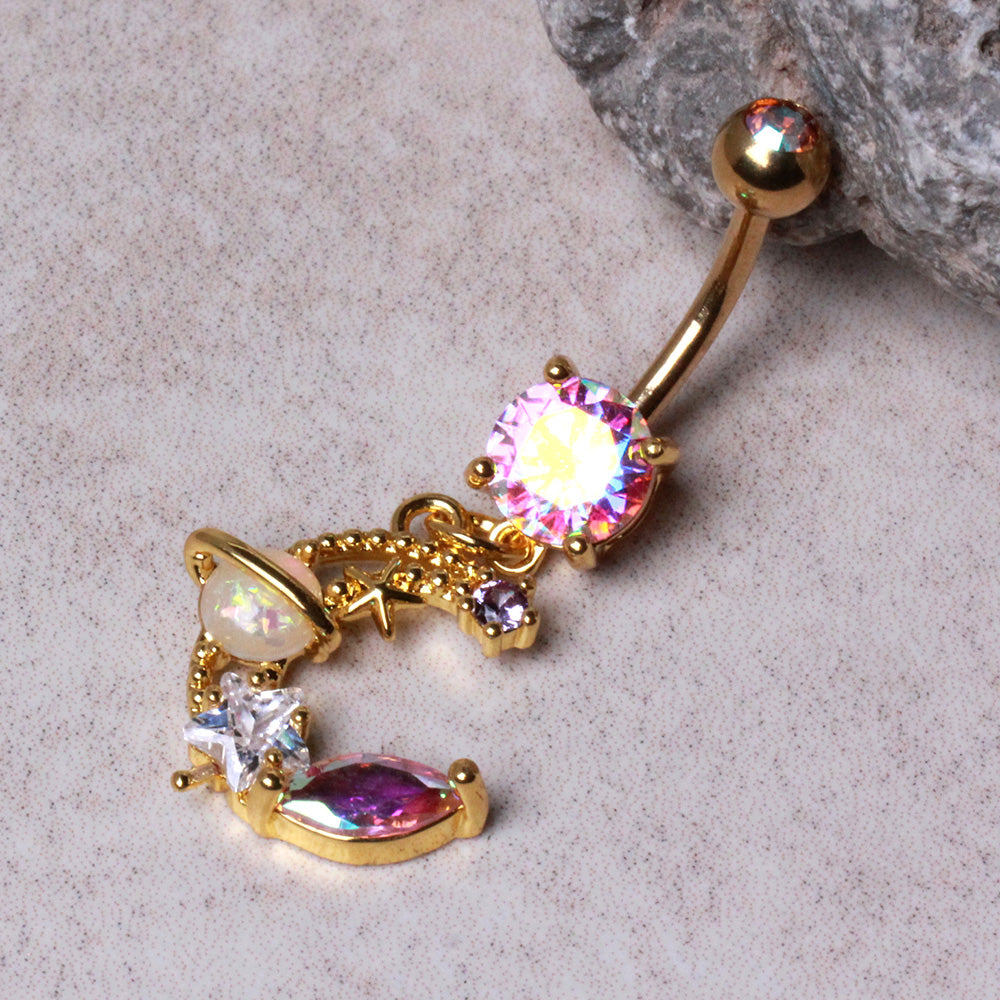 Gold Plated Galaxy Moon and Star Dangle Navel Ring Navel Ring Skin Metals