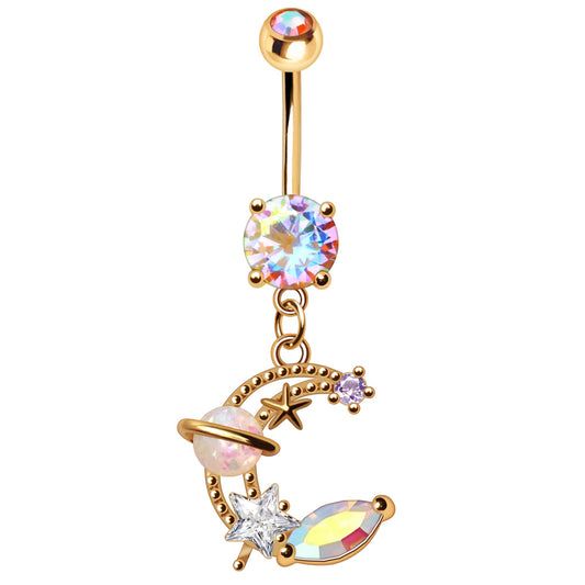 Gold Plated Galaxy Moon and Star Dangle Navel Ring Navel Ring Skin Metals