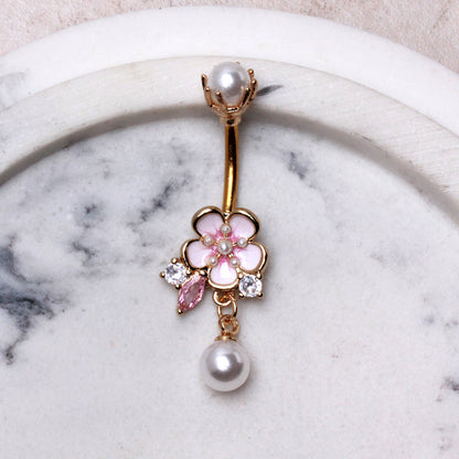 Gold Plated Flower and Pearls Navel Ring Navel Ring Skin Metals
