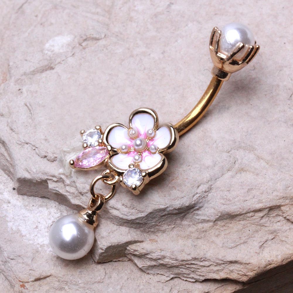 Gold Plated Flower and Pearls Navel Ring Navel Ring Skin Metals
