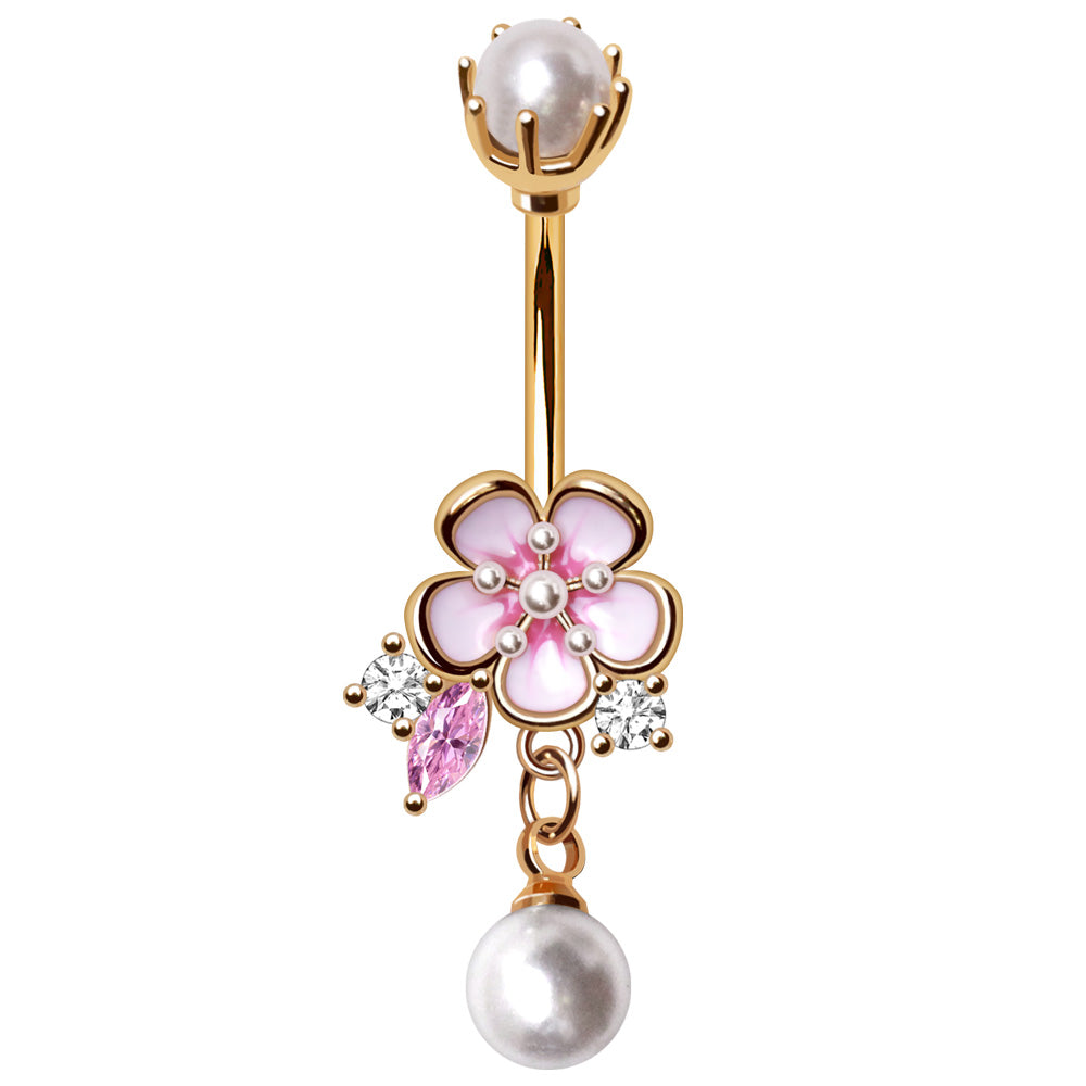 Gold Plated Flower and Pearls Navel Ring Navel Ring Skin Metals