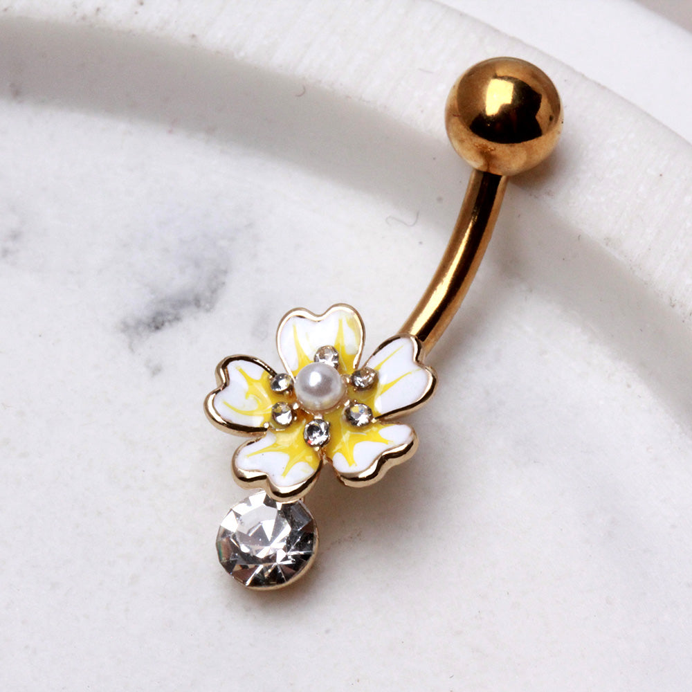 Gold Plated Jeweled White Flower Navel Ring Navel Ring Skin Metals