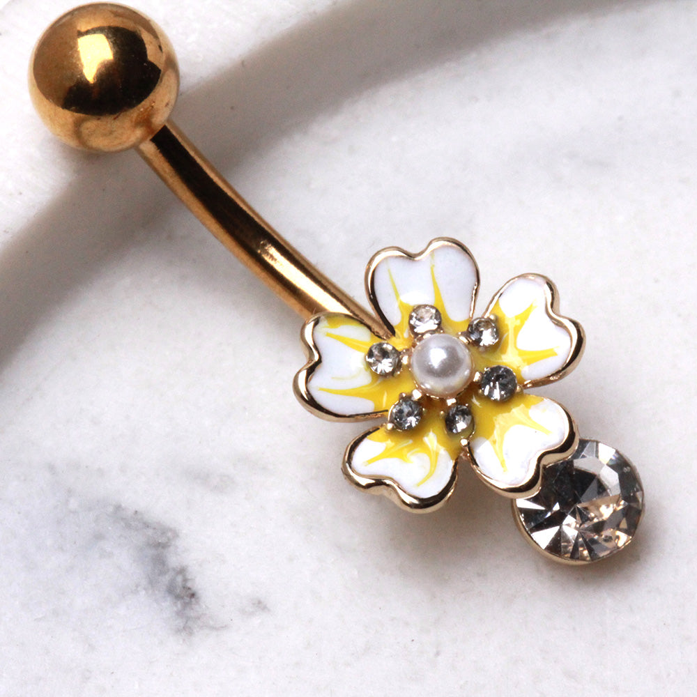 Gold Plated Jeweled White Flower Navel Ring Navel Ring Skin Metals