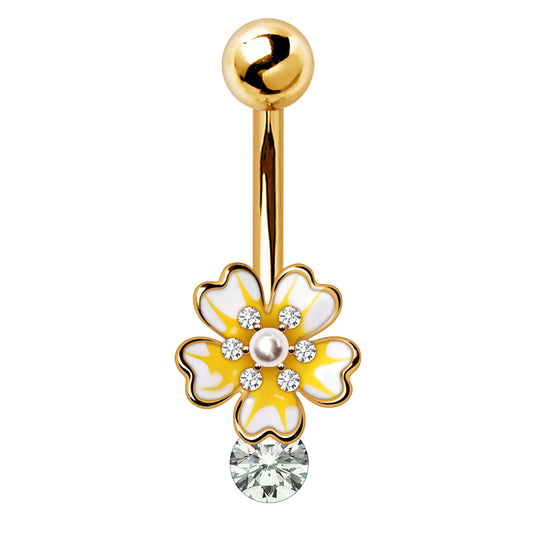 Gold Plated Jeweled White Flower Navel Ring Navel Ring Skin Metals