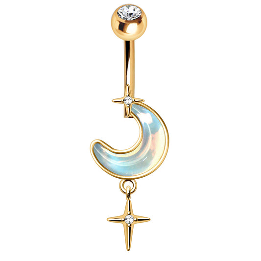 Gold Plated White Iridescent Moon & Stars Dangle Navel Ring