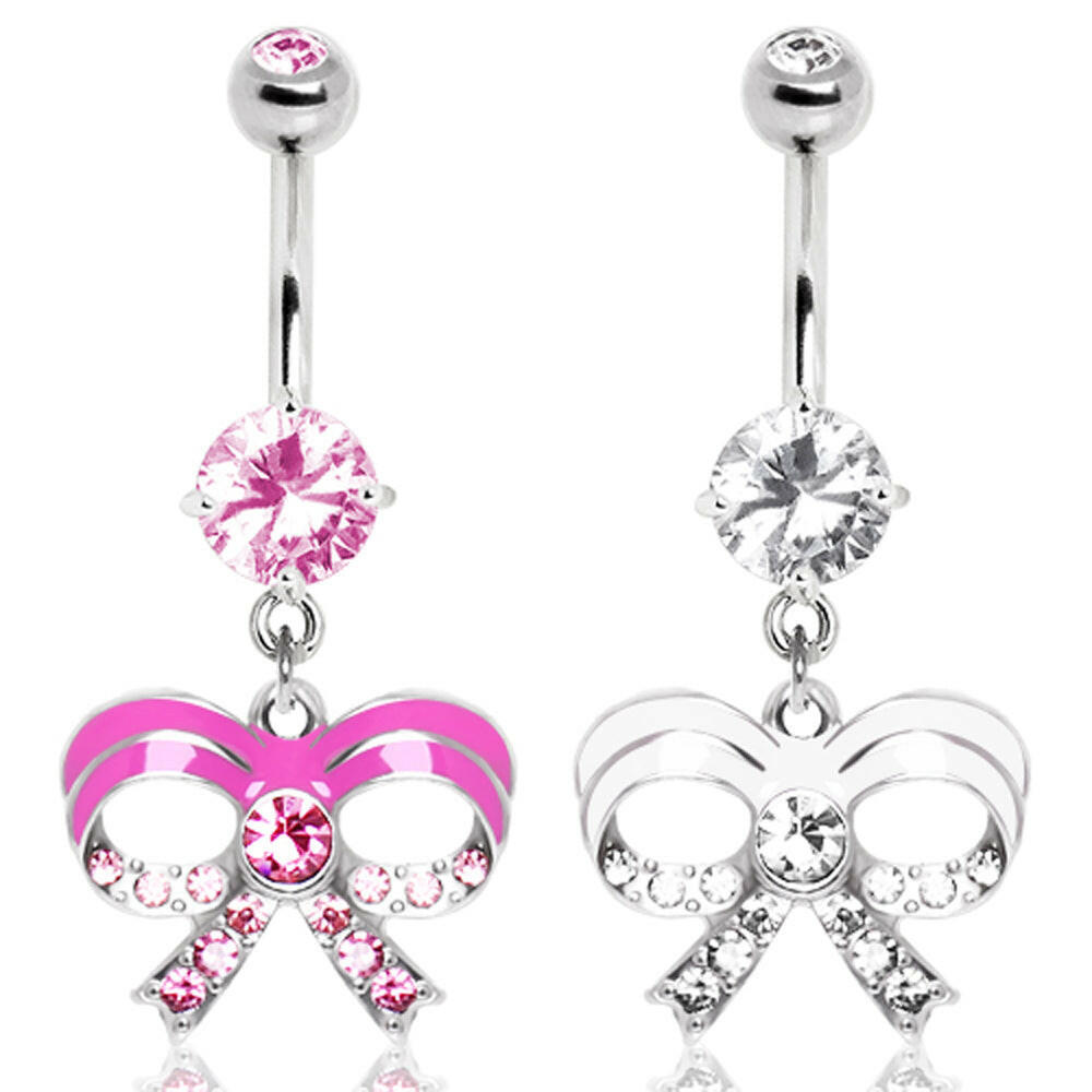 316L Surgical Steel Gemmed Navel Ring with Brilliant Epoxy Bow