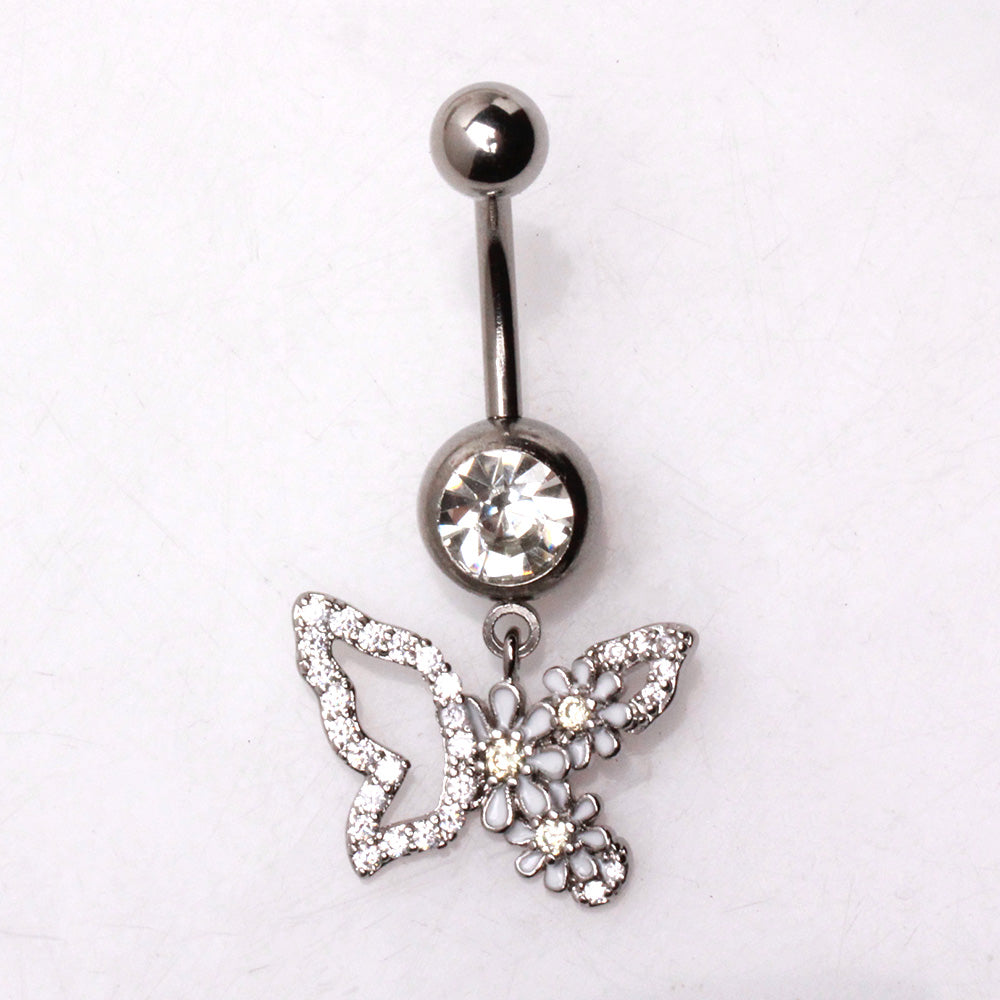 316L Stainless Steel White Flower Butterfly Dangle Navel Ring Navel Ring Skin Metals