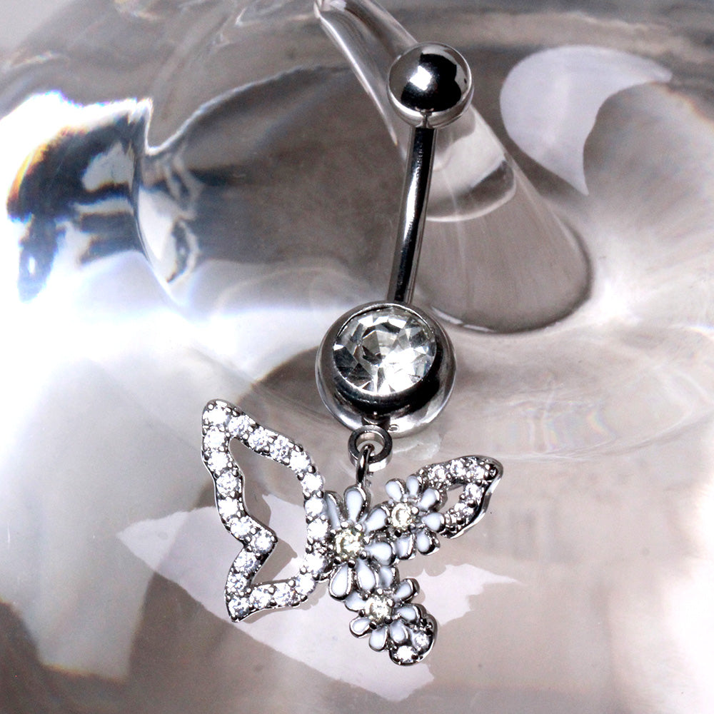 316L Stainless Steel White Flower Butterfly Dangle Navel Ring Navel Ring Skin Metals