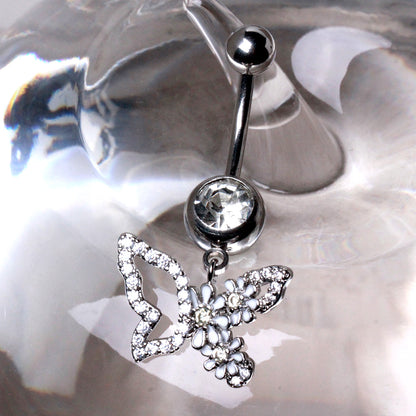 316L Stainless Steel White Flower Butterfly Dangle Navel Ring Navel Ring Skin Metals