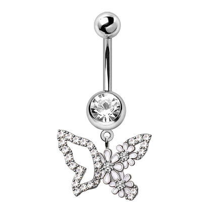 316L Stainless Steel White Flower Butterfly Dangle Navel Ring Navel Ring Skin Metals