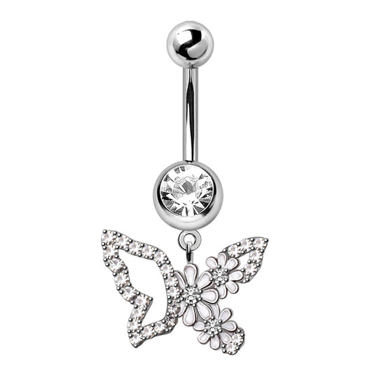 316L Stainless Steel White Flower Butterfly Dangle Navel Ring Navel Ring Skin Metals