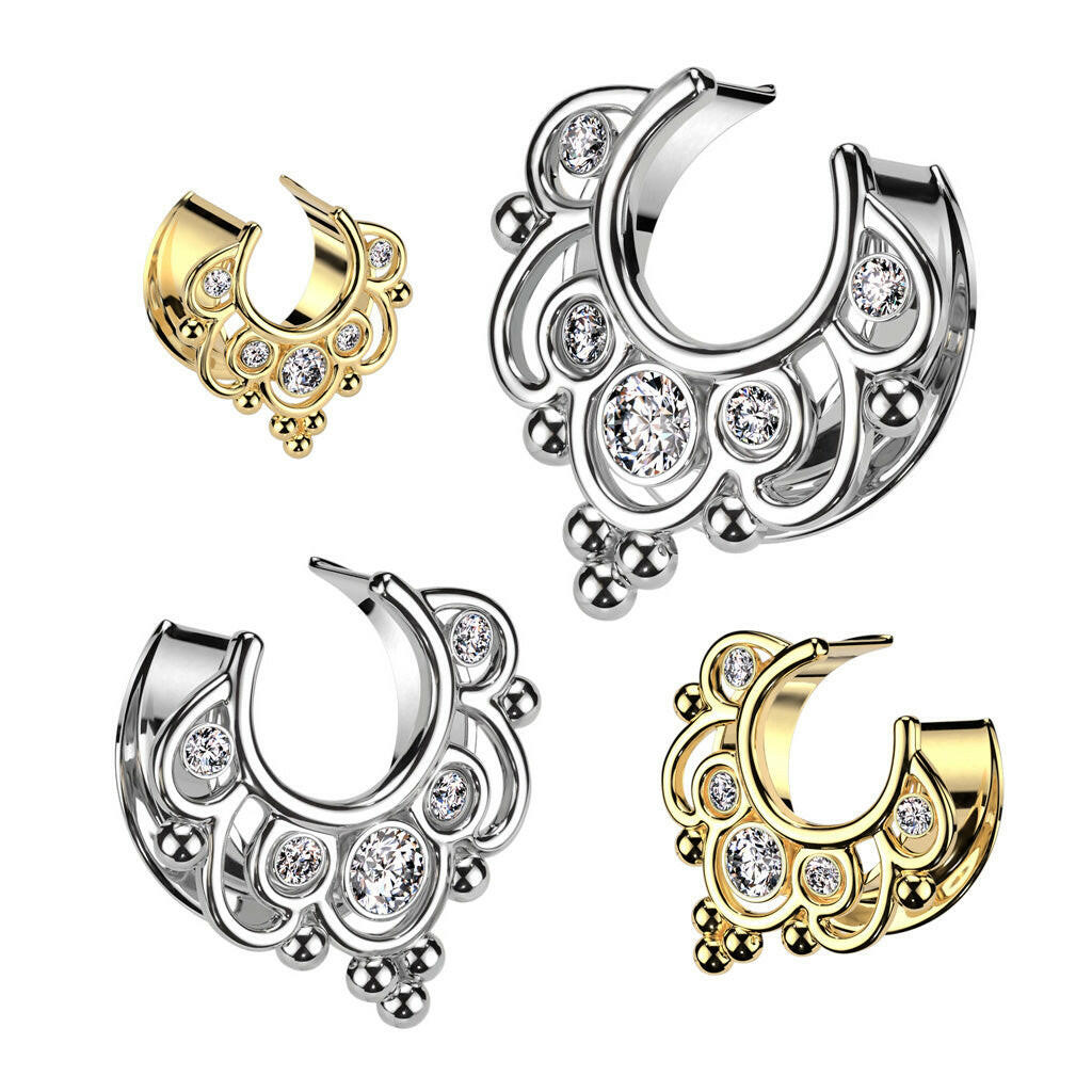 All Surgical Steel Floral Filigree Saddle Spreader With CZ Plugs Impulse Piercings